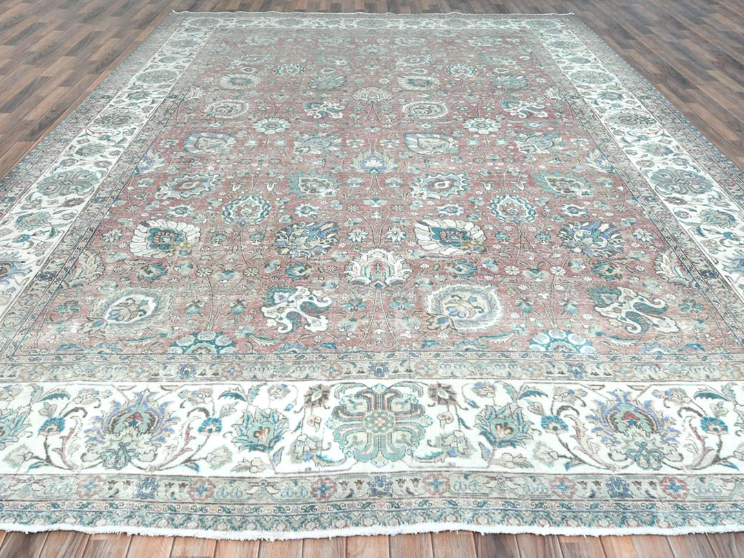 11'1" x 14'7" Vintage Hand Knotted Red Worn Wool Rectangle Oriental Rug - MOA10281742