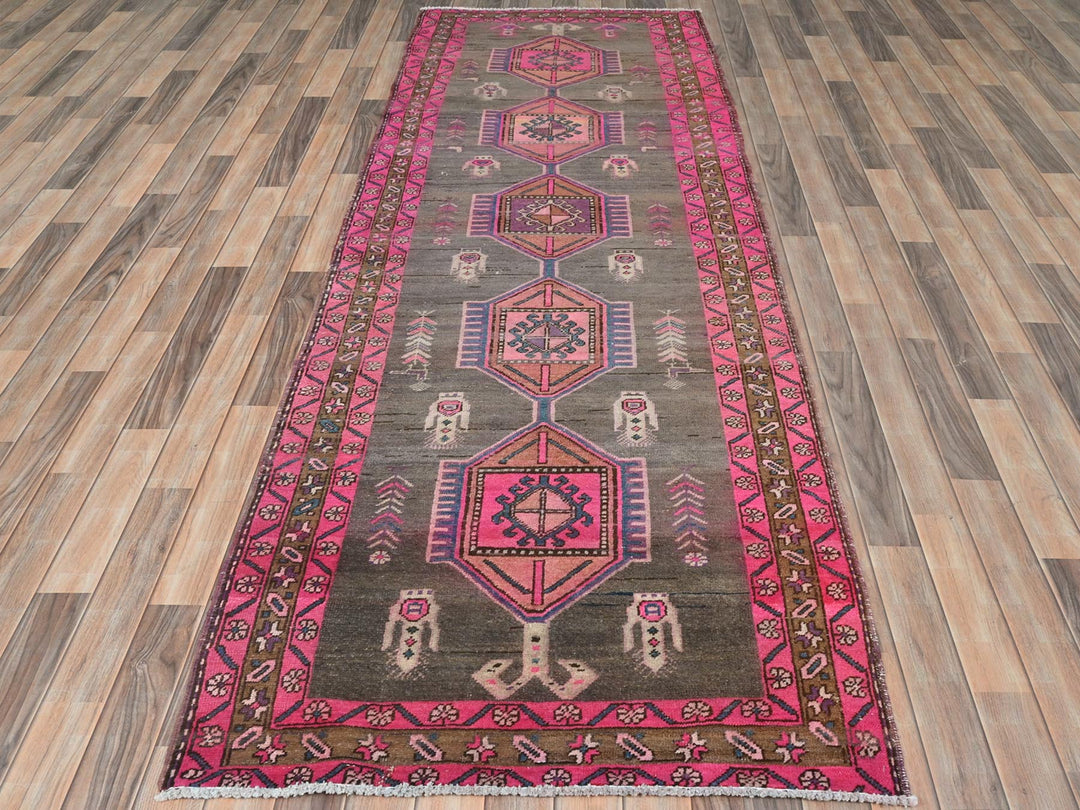 3'7" x 10'1" Vintage Hand Knotted Brown Wool Runner Oriental Rug - MOA10281847