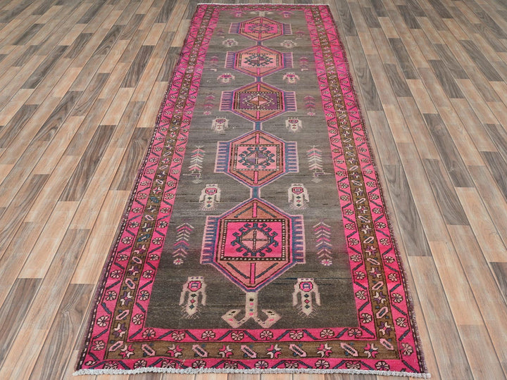 3'7" x 10'1" Vintage Hand Knotted Brown Wool Runner Oriental Rug - MOA10281847