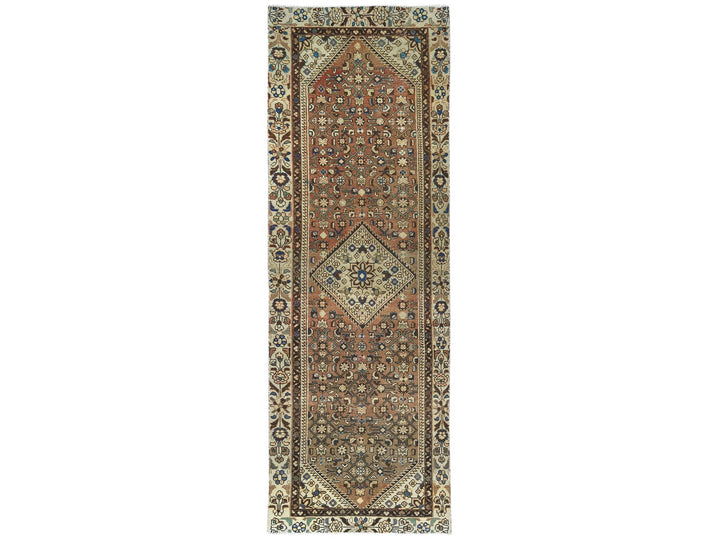 3'4" x 10'0" Vintage Hand Knotted Brown Wool Runner Oriental Rug - MOA10281851