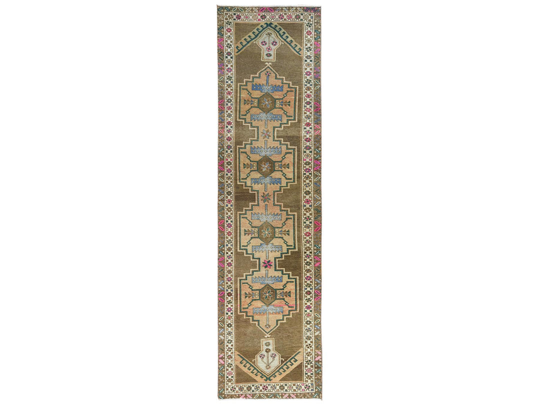3'3" x 12'10" Vintage Hand Knotted Brown Wool Runner Oriental Rug - MOA10281868