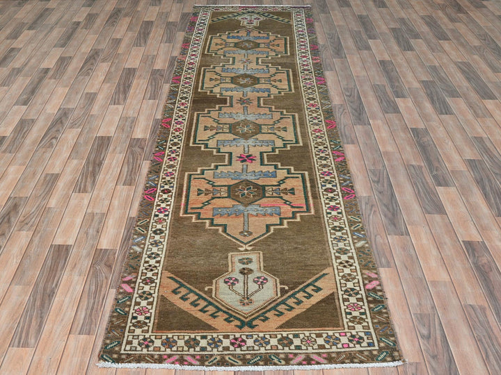 3'3" x 12'10" Vintage Hand Knotted Brown Wool Runner Oriental Rug - MOA10281868