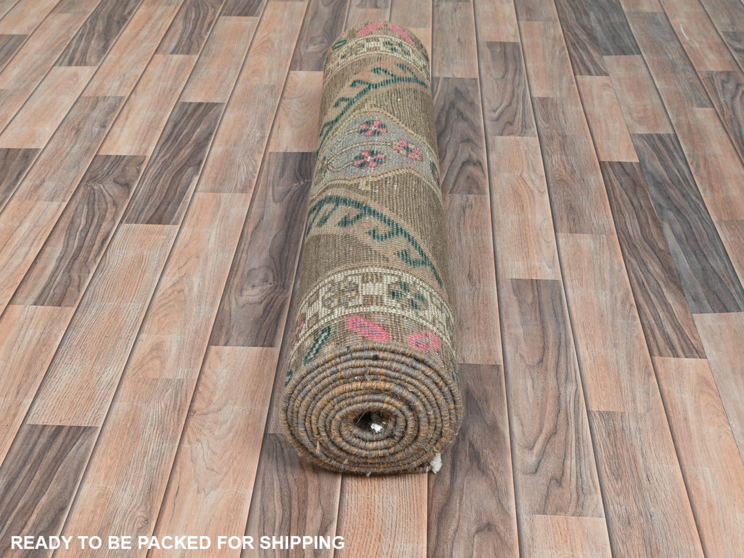 3'3" x 12'10" Vintage Hand Knotted Brown Wool Runner Oriental Rug - MOA10281868