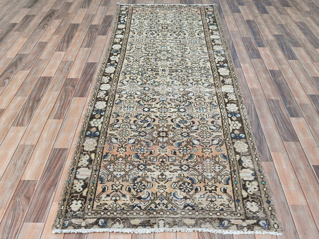 3'5" x 9'2" Vintage Hand Knotted Beige Wool Runner Oriental Rug - MOA10281883