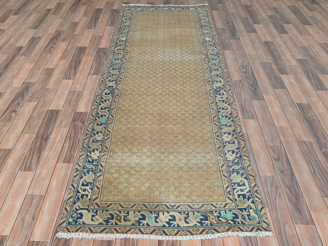 3'3" x 9'9" Vintage Hand Knotted Brown Wool Runner Oriental Rug - MOA10281897