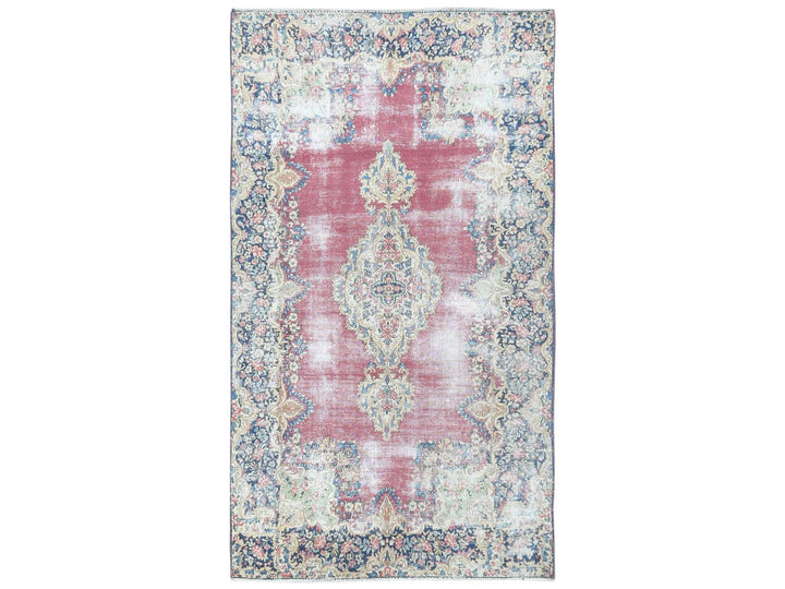 3'9" x 7'0" Vintage Hand Knotted Red Worn Wool Rectangle Oriental Rug - MOA10281946