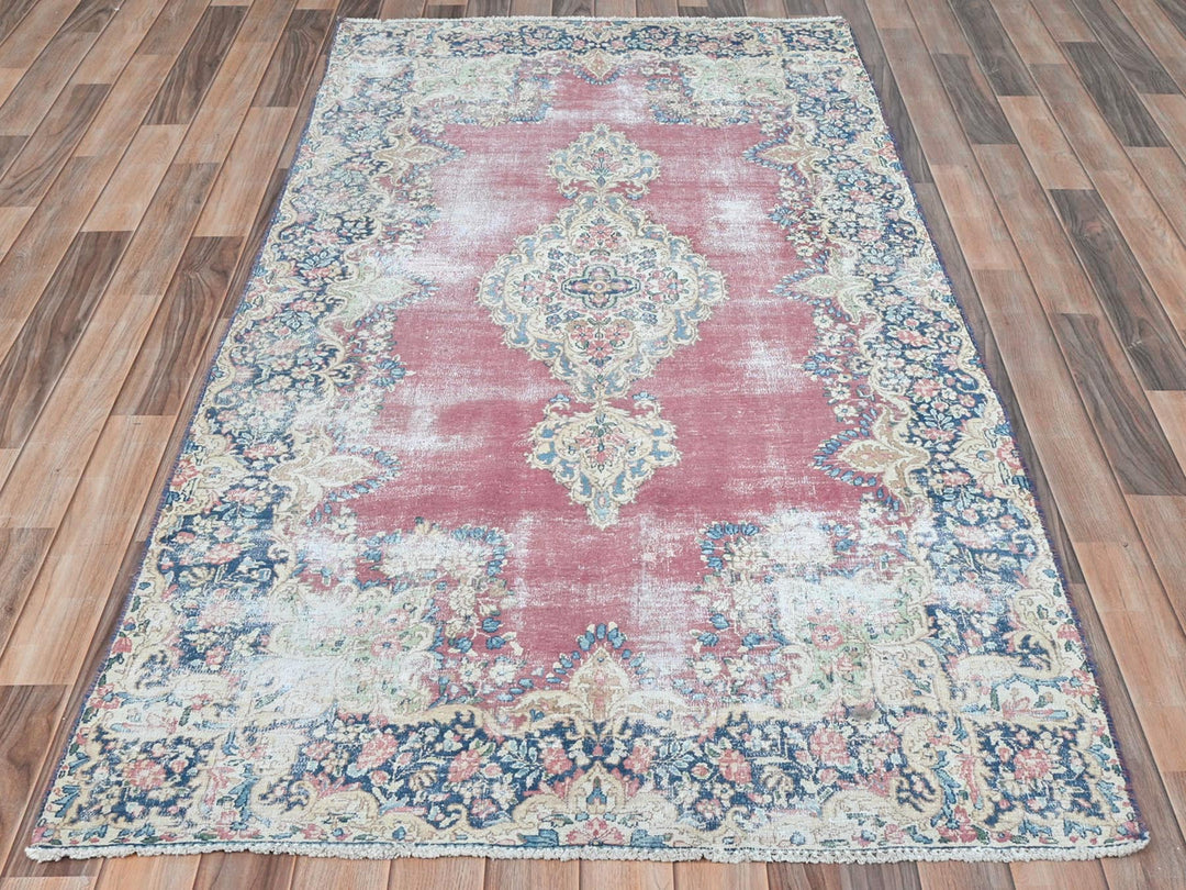 3'9" x 7'0" Vintage Hand Knotted Red Worn Wool Rectangle Oriental Rug - MOA10281946