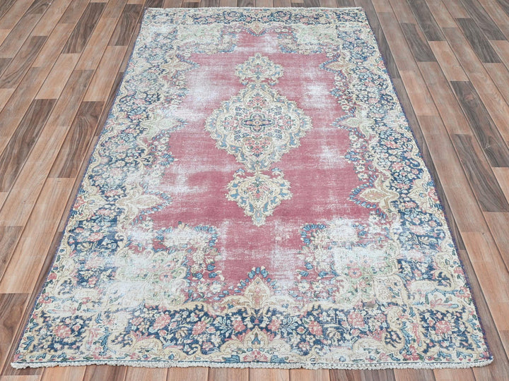 3'9" x 7'0" Vintage Hand Knotted Red Worn Wool Rectangle Oriental Rug - MOA10281946
