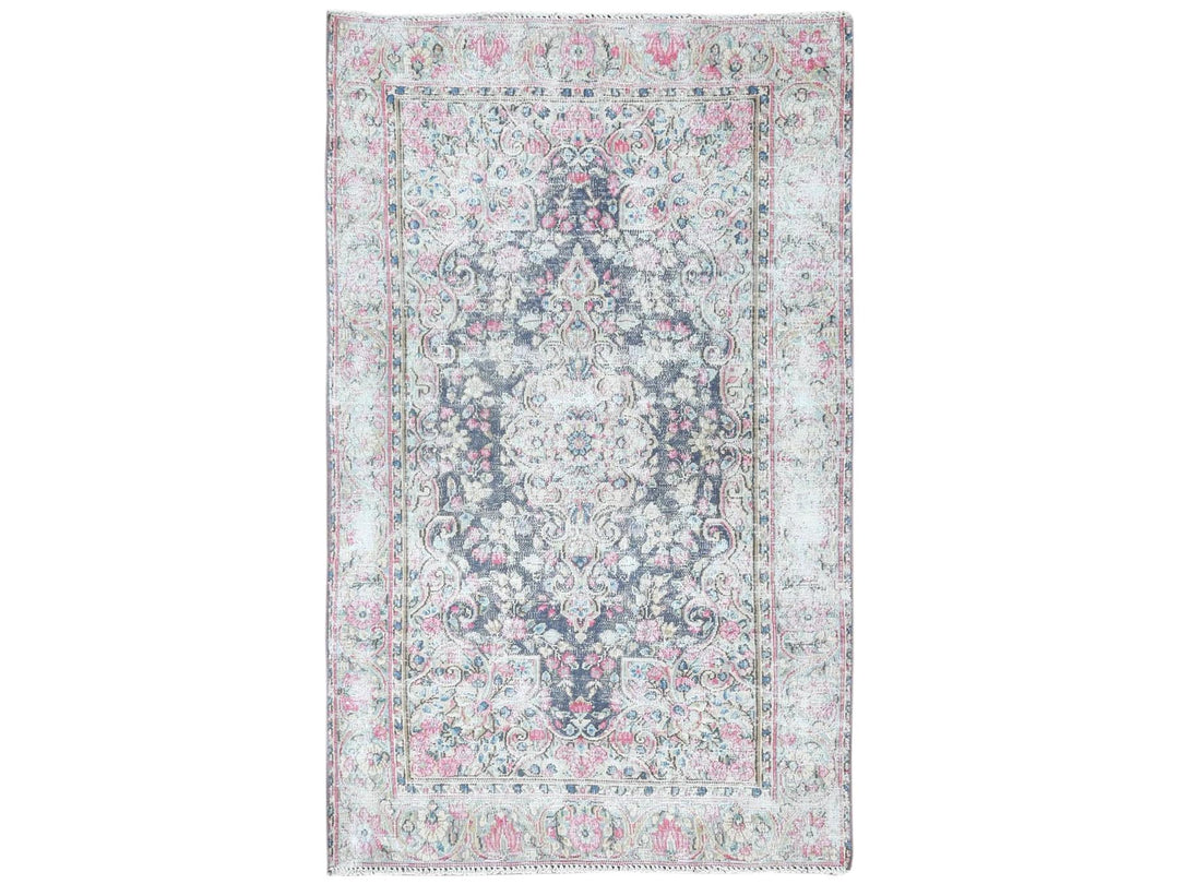 3'7" x 5'9" Vintage Hand Knotted Blue Worn Wool Rectangle Oriental Rug - MOA10281947