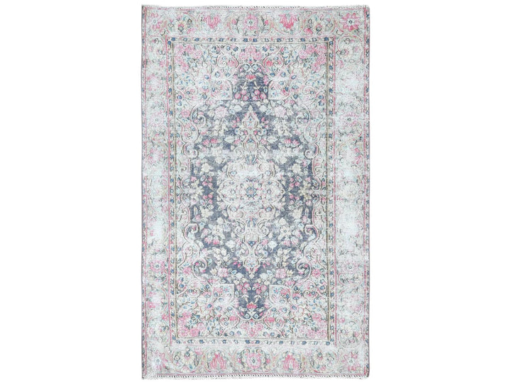 3'7" x 5'9" Vintage Hand Knotted Blue Worn Wool Rectangle Oriental Rug - MOA10281947