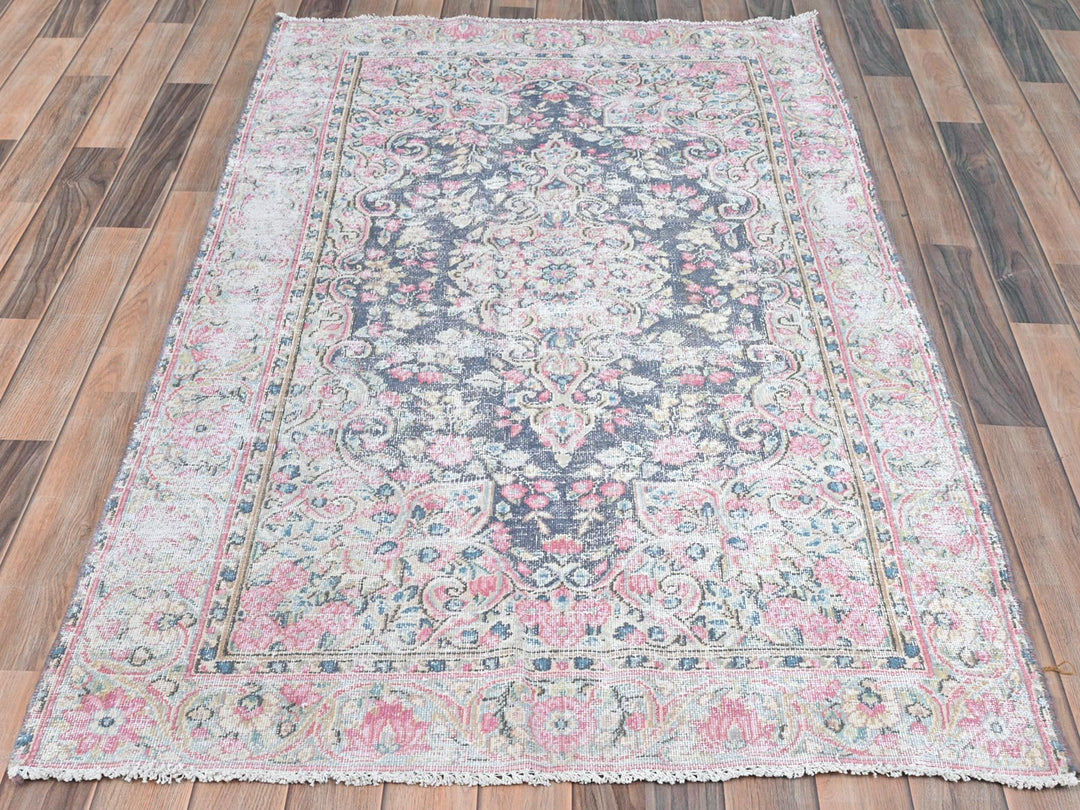 3'7" x 5'9" Vintage Hand Knotted Blue Worn Wool Rectangle Oriental Rug - MOA10281947