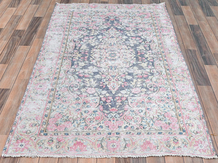 3'7" x 5'9" Vintage Hand Knotted Blue Worn Wool Rectangle Oriental Rug - MOA10281947