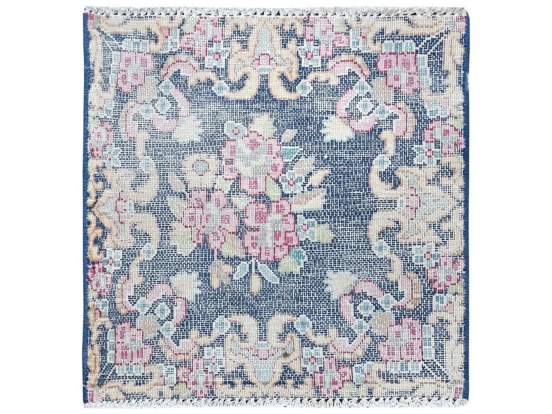 1'6" x 1'7" Vintage Hand Knotted Blue Worn Wool Square Oriental Rug - MOA10281948