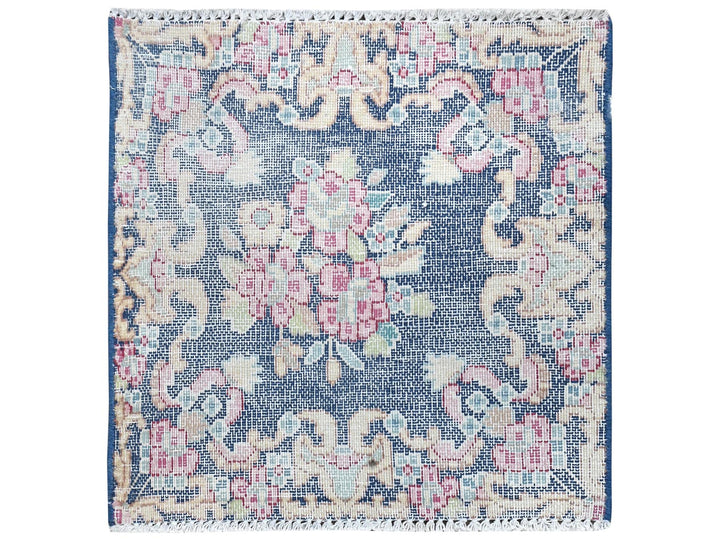 1'6" x 1'7" Vintage Hand Knotted Blue Worn Wool Square Oriental Rug - MOA10281948