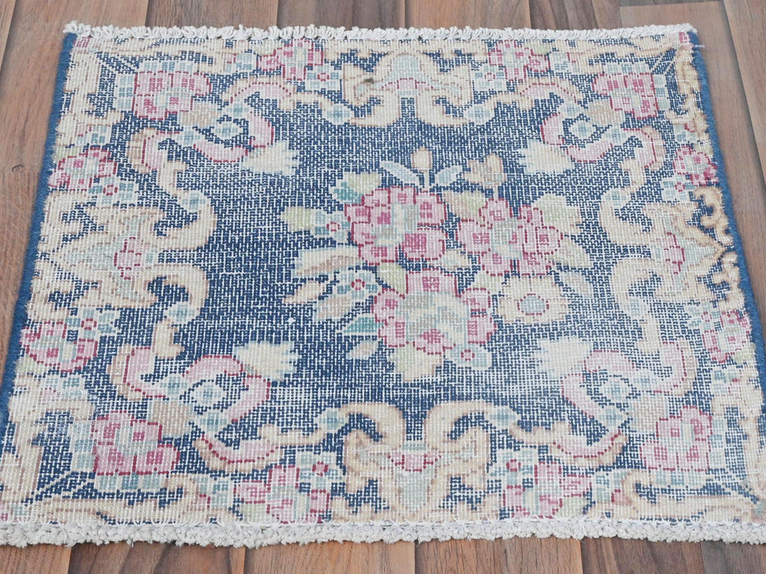 1'6" x 1'7" Vintage Hand Knotted Blue Worn Wool Square Oriental Rug - MOA10281948