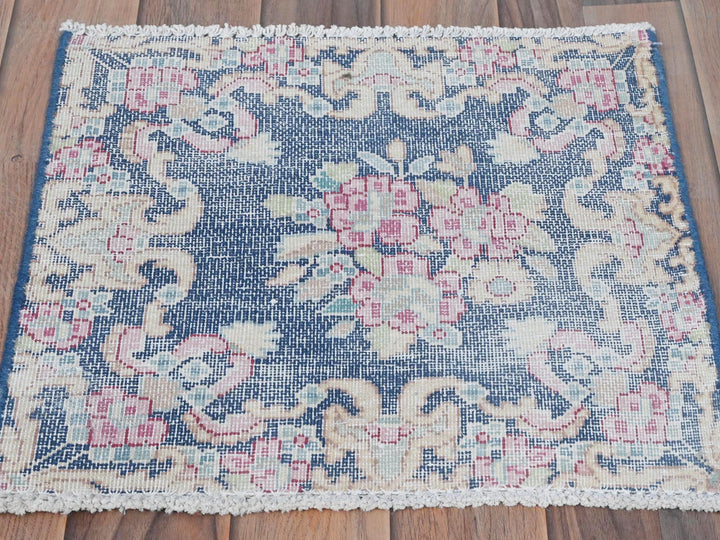 1'6" x 1'7" Vintage Hand Knotted Blue Worn Wool Square Oriental Rug - MOA10281948