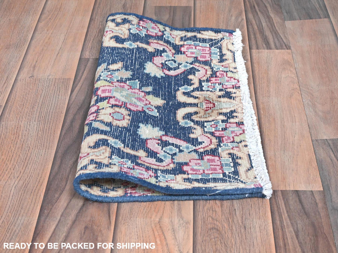 1'6" x 1'7" Vintage Hand Knotted Blue Worn Wool Square Oriental Rug - MOA10281948