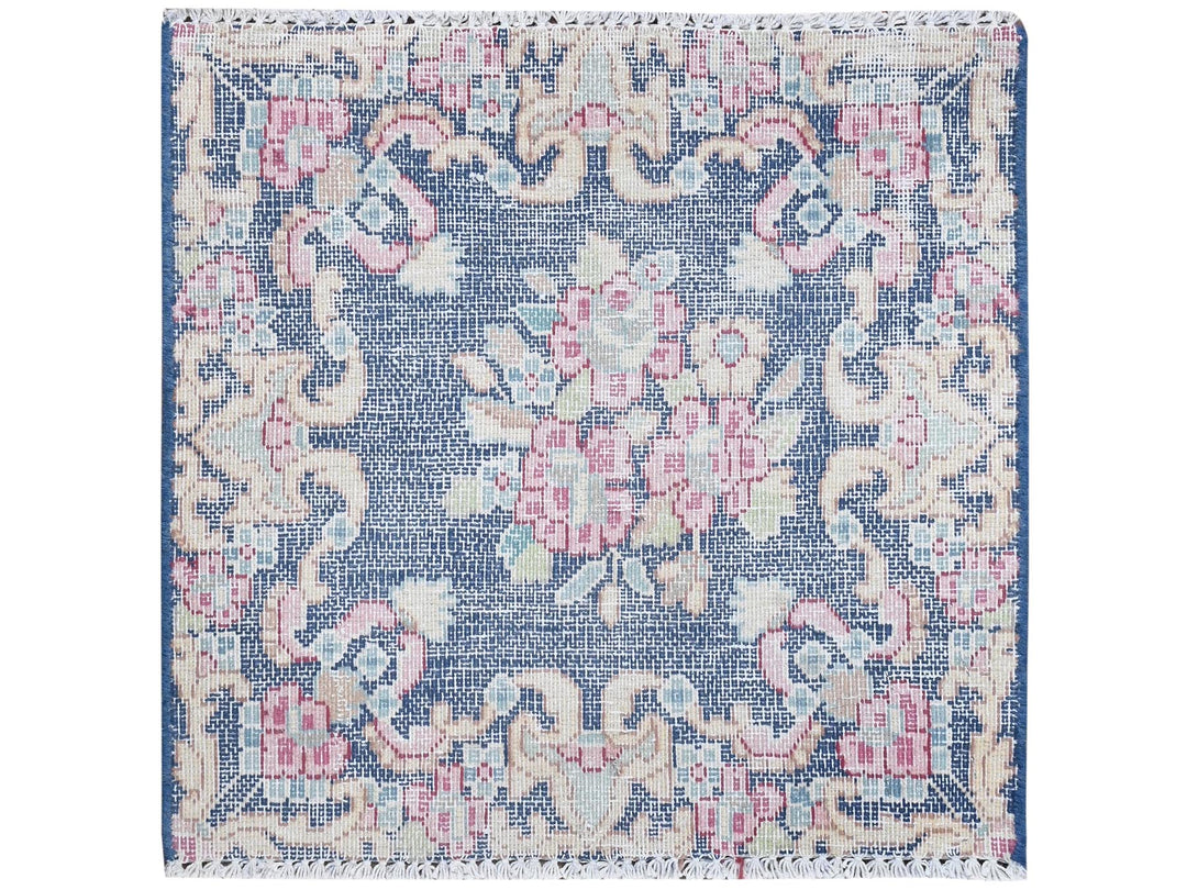 1'6" x 1'7" Vintage Hand Knotted Blue Worn Wool Square Oriental Rug - MOA10281950