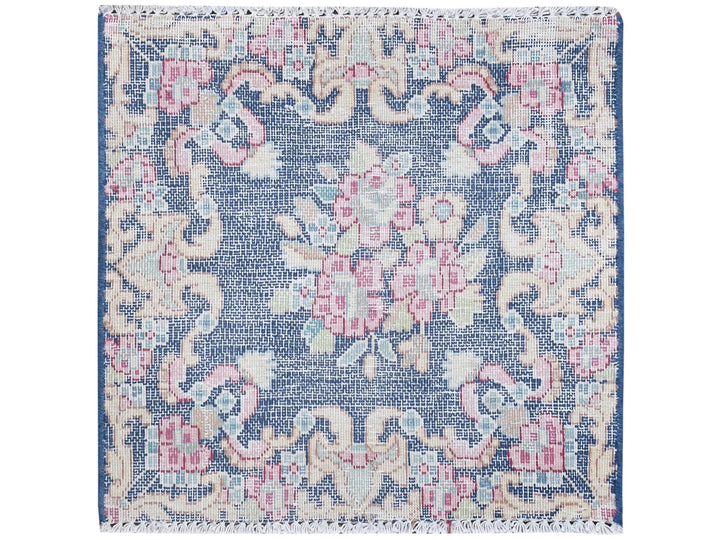 1'6" x 1'7" Vintage Hand Knotted Blue Worn Wool Square Oriental Rug - MOA10281950