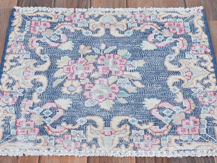 1'6" x 1'7" Vintage Hand Knotted Blue Worn Wool Square Oriental Rug - MOA10281950
