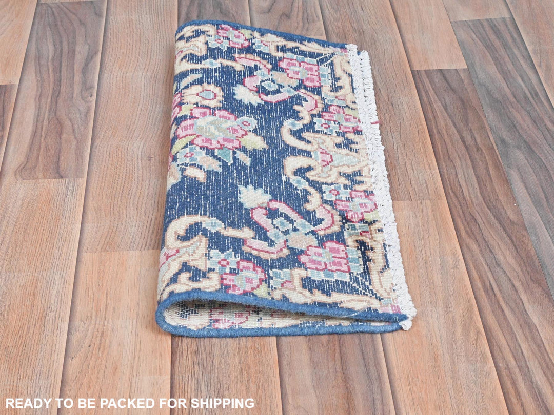 1'6" x 1'7" Vintage Hand Knotted Blue Worn Wool Square Oriental Rug - MOA10281950