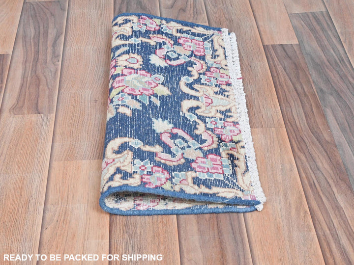 1'6" x 1'7" Vintage Hand Knotted Blue Worn Wool Square Oriental Rug - MOA10281950