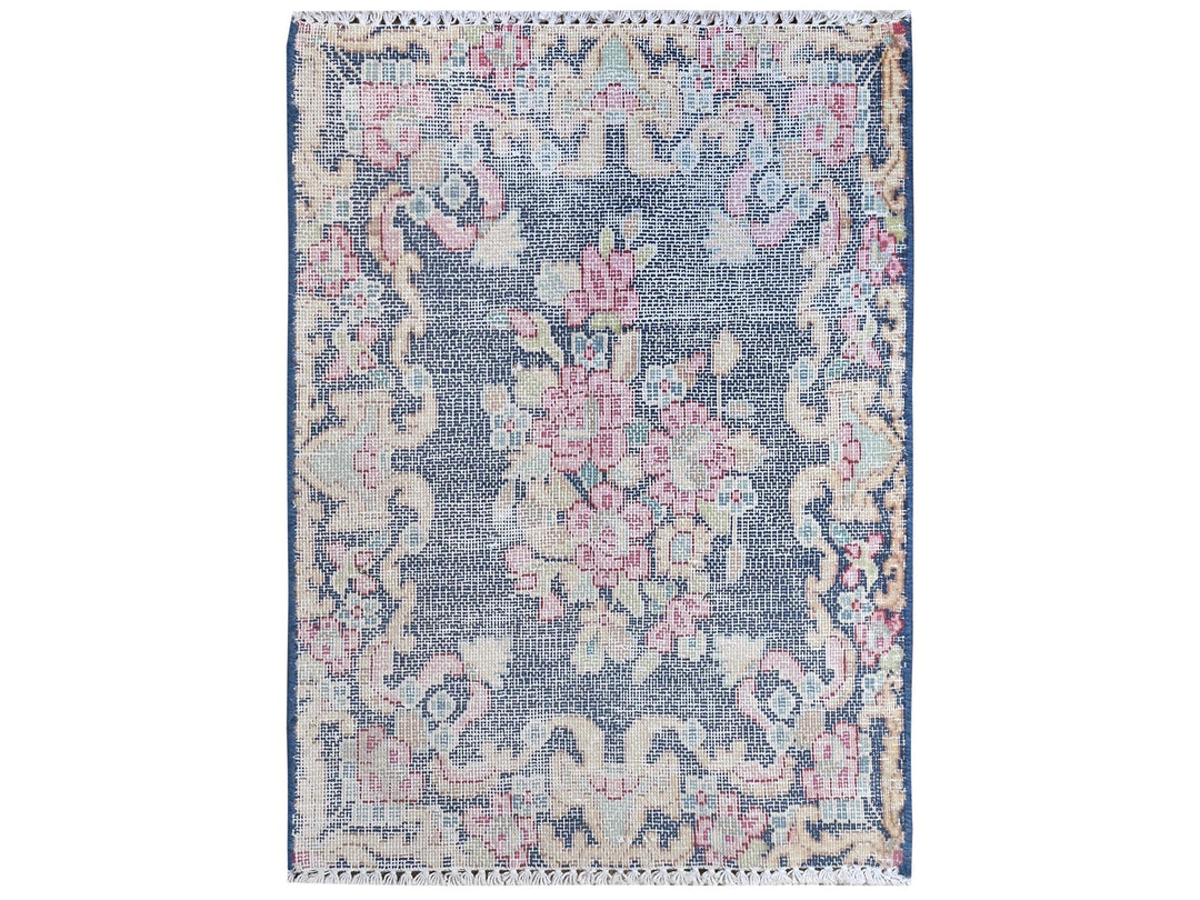 1'6" x 2'1" Vintage Hand Knotted Blue Worn Wool Rectangle Oriental Rug - MOA10281954