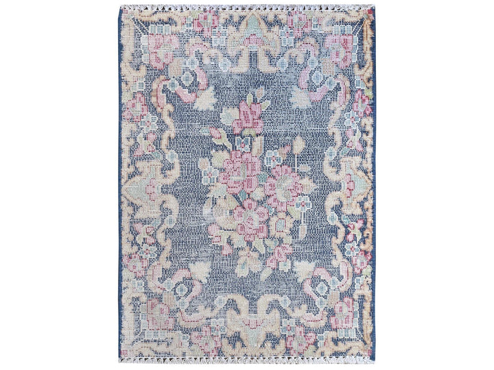 1'6" x 2'1" Vintage Hand Knotted Blue Worn Wool Rectangle Oriental Rug - MOA10281954