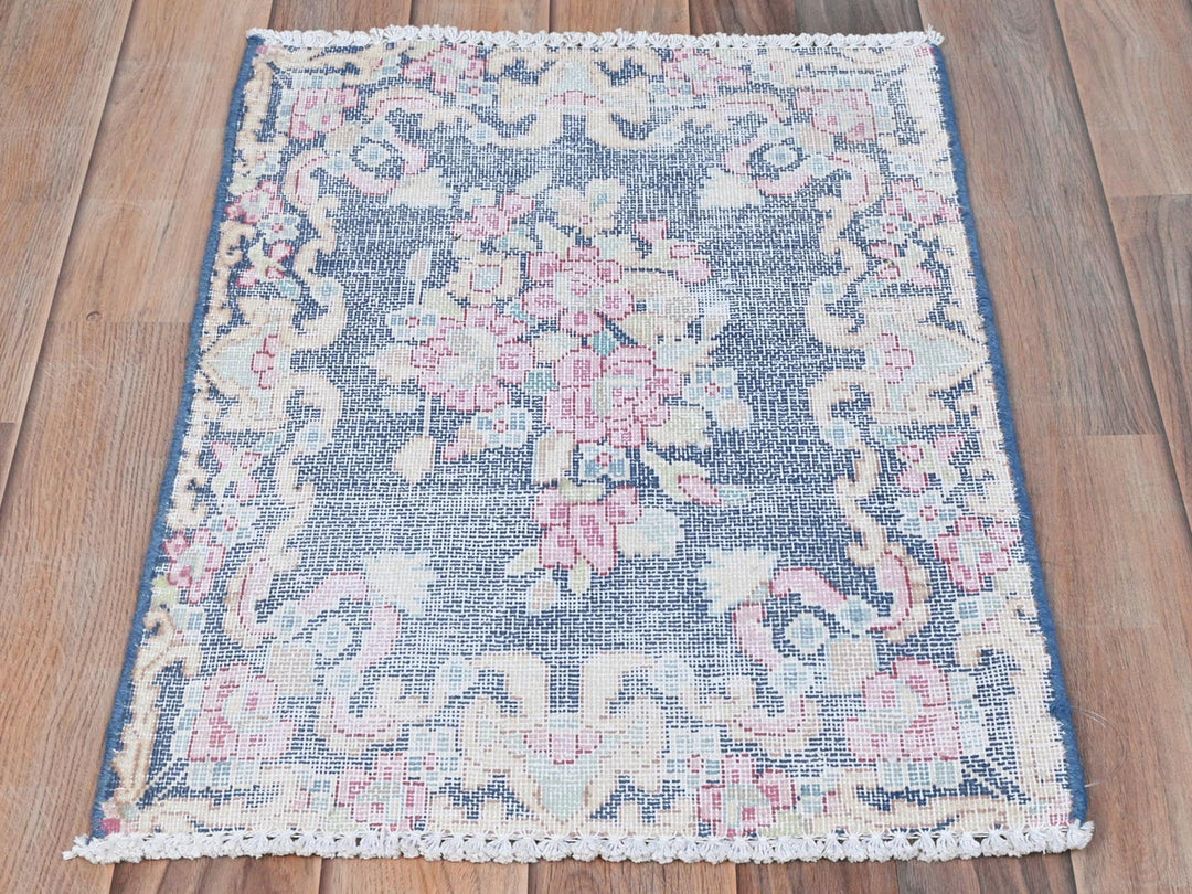 1'6" x 2'1" Vintage Hand Knotted Blue Worn Wool Rectangle Oriental Rug - MOA10281954