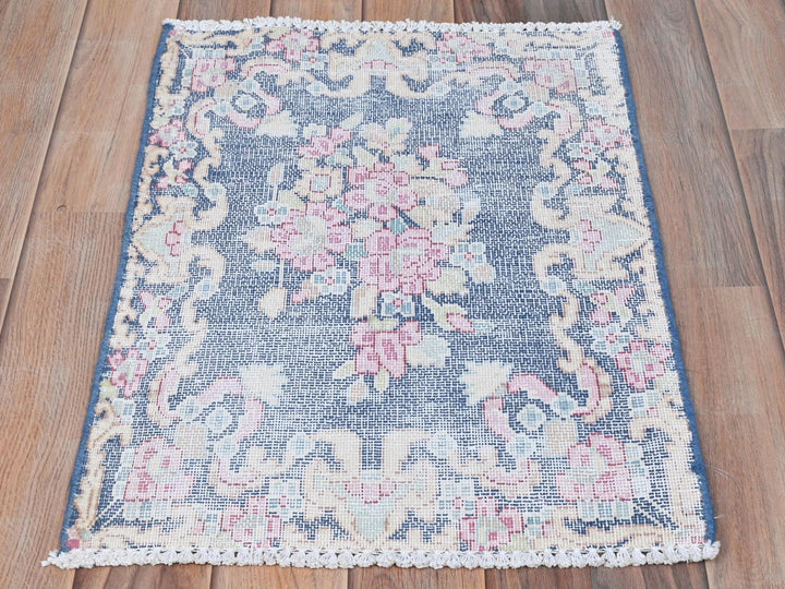 1'6" x 2'1" Vintage Hand Knotted Blue Worn Wool Rectangle Oriental Rug - MOA10281954