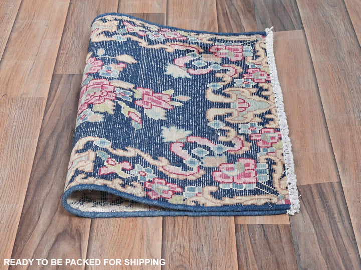 1'6" x 2'1" Vintage Hand Knotted Blue Worn Wool Rectangle Oriental Rug - MOA10281954