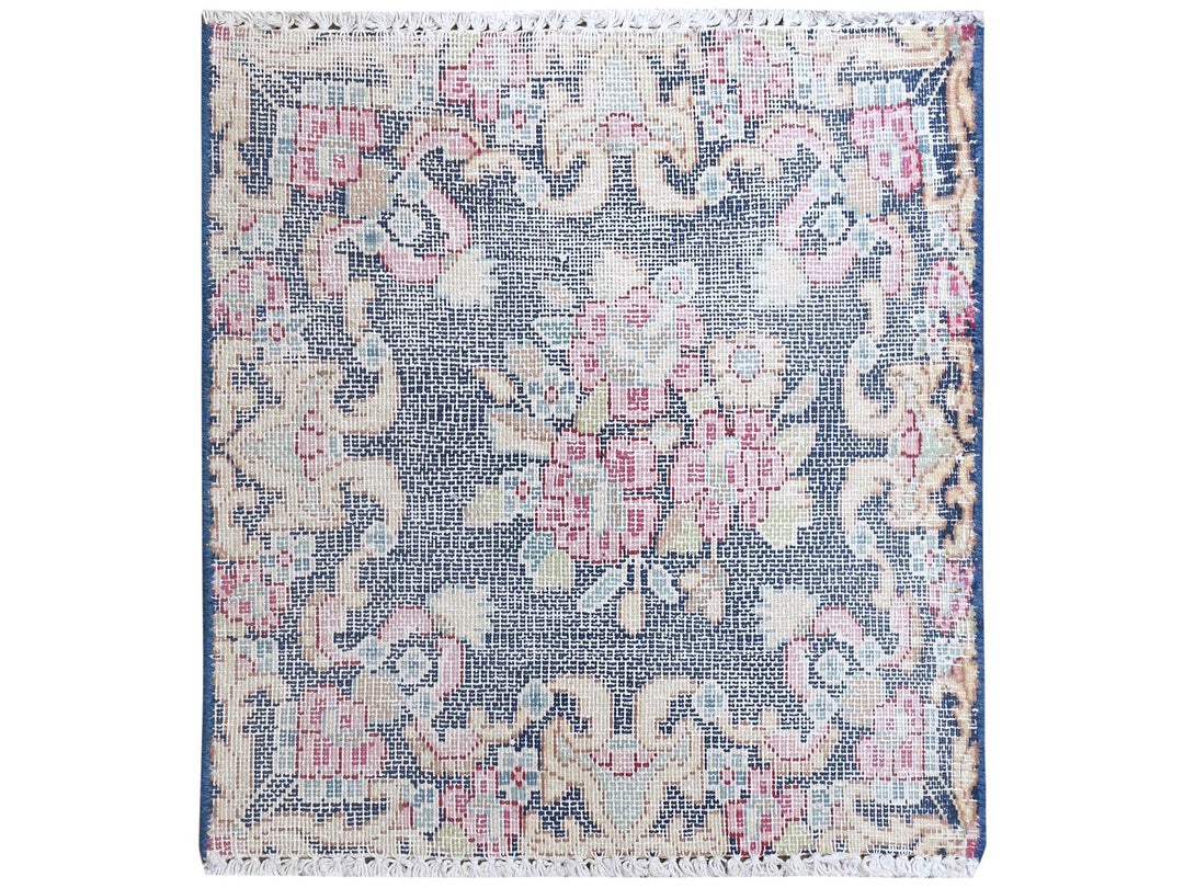 1'5" x 1'6" Vintage Hand Knotted Blue Worn Wool Square Oriental Rug - MOA10281958