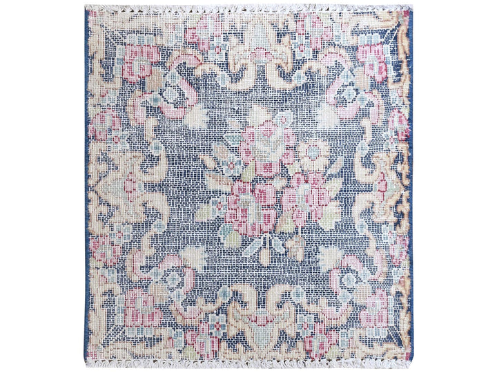 1'5" x 1'6" Vintage Hand Knotted Blue Worn Wool Square Oriental Rug - MOA10281958