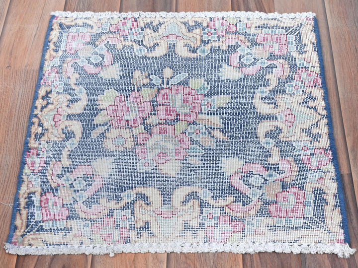 1'5" x 1'6" Vintage Hand Knotted Blue Worn Wool Square Oriental Rug - MOA10281958