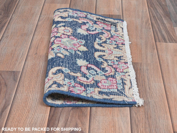 1'5" x 1'6" Vintage Hand Knotted Blue Worn Wool Square Oriental Rug - MOA10281958