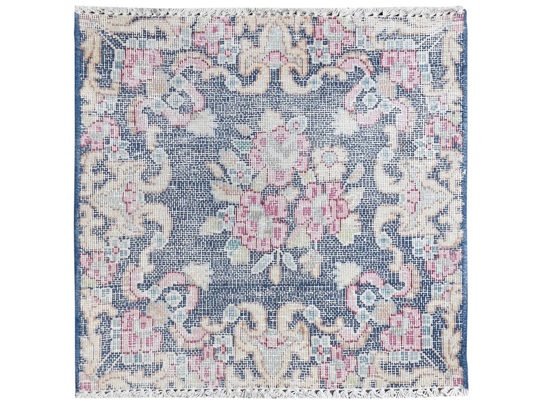 1'7" x 1'7" Vintage Hand Knotted Blue Worn Wool Square Oriental Rug - MOA10281959