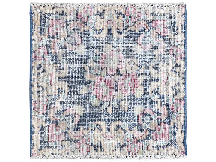 1'7" x 1'7" Vintage Hand Knotted Blue Worn Wool Square Oriental Rug - MOA10281959