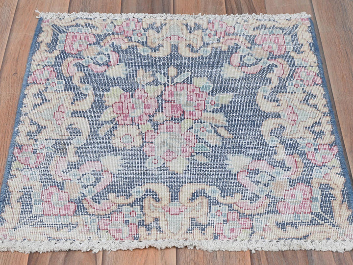 1'7" x 1'7" Vintage Hand Knotted Blue Worn Wool Square Oriental Rug - MOA10281959