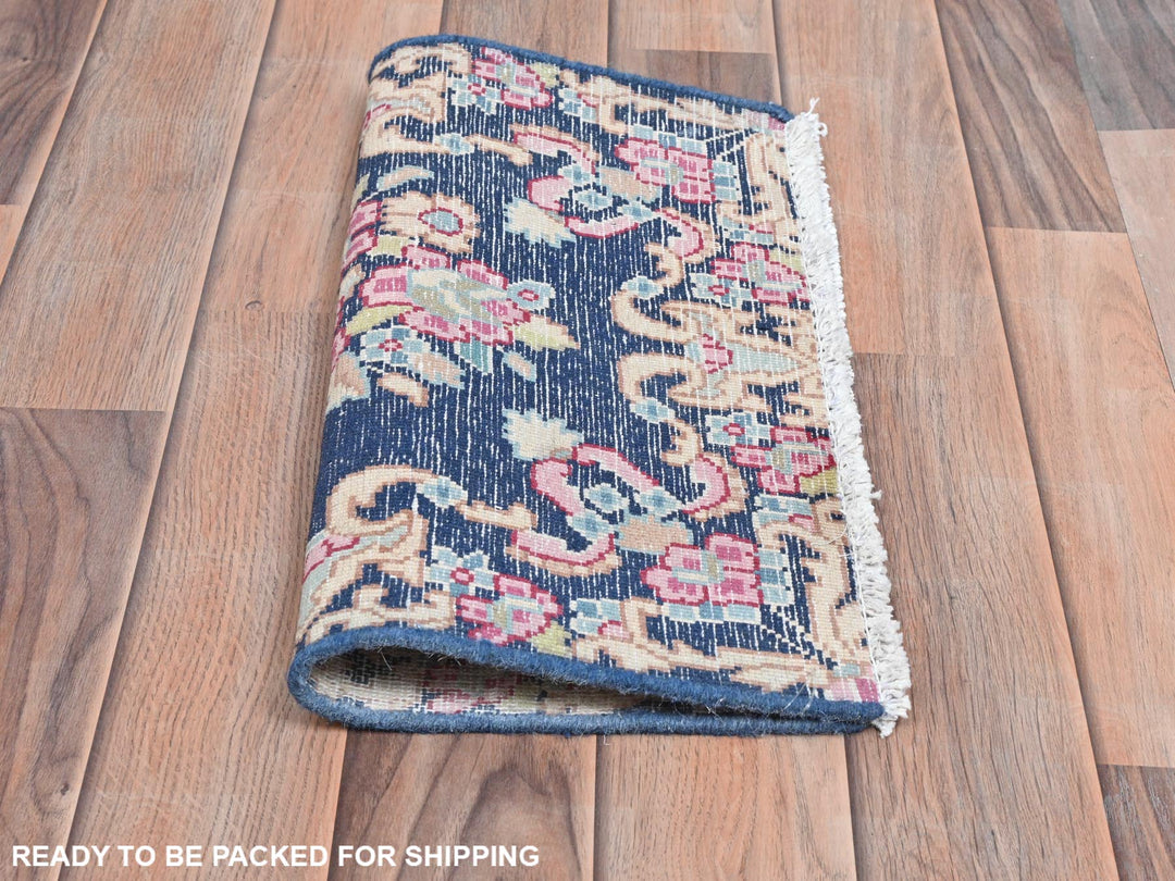 1'7" x 1'7" Vintage Hand Knotted Blue Worn Wool Square Oriental Rug - MOA10281959