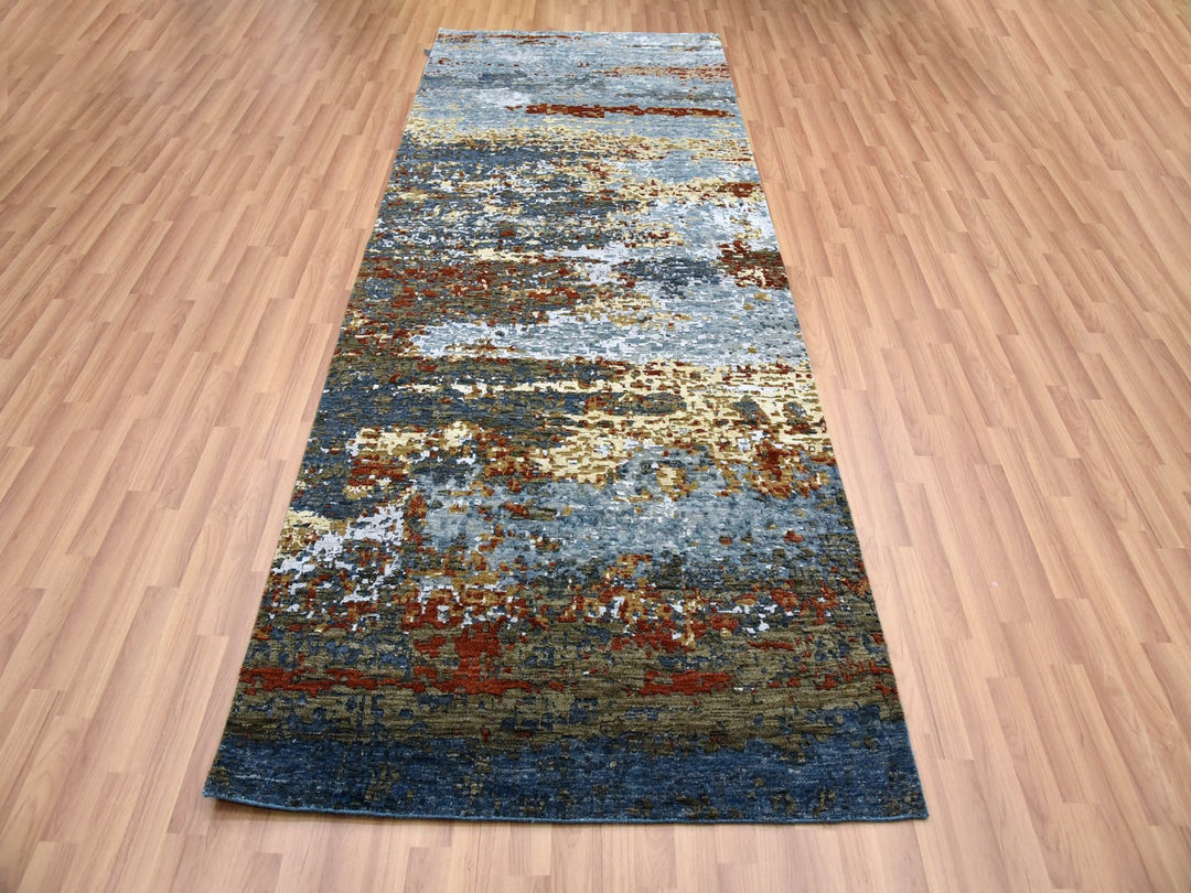 4'0" x 10'0" New Hand Knotted Grey Wool Runner Oriental Rug - MOA10283093