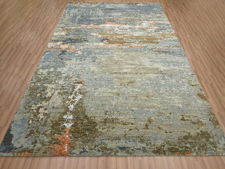 8'1" x 10'5" New Hand Knotted Green Wool Rectangle Oriental Rug - MOA10283132