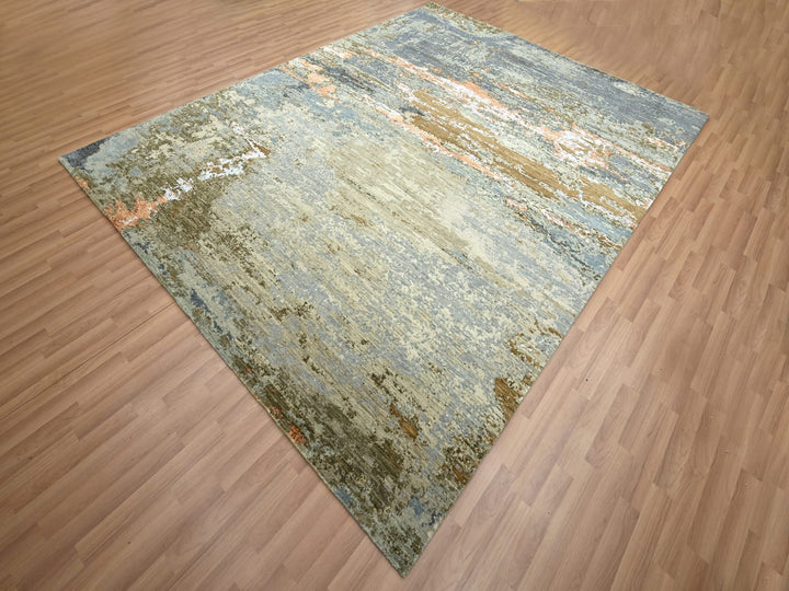 8'1" x 10'5" New Hand Knotted Green Wool Rectangle Oriental Rug - MOA10283132
