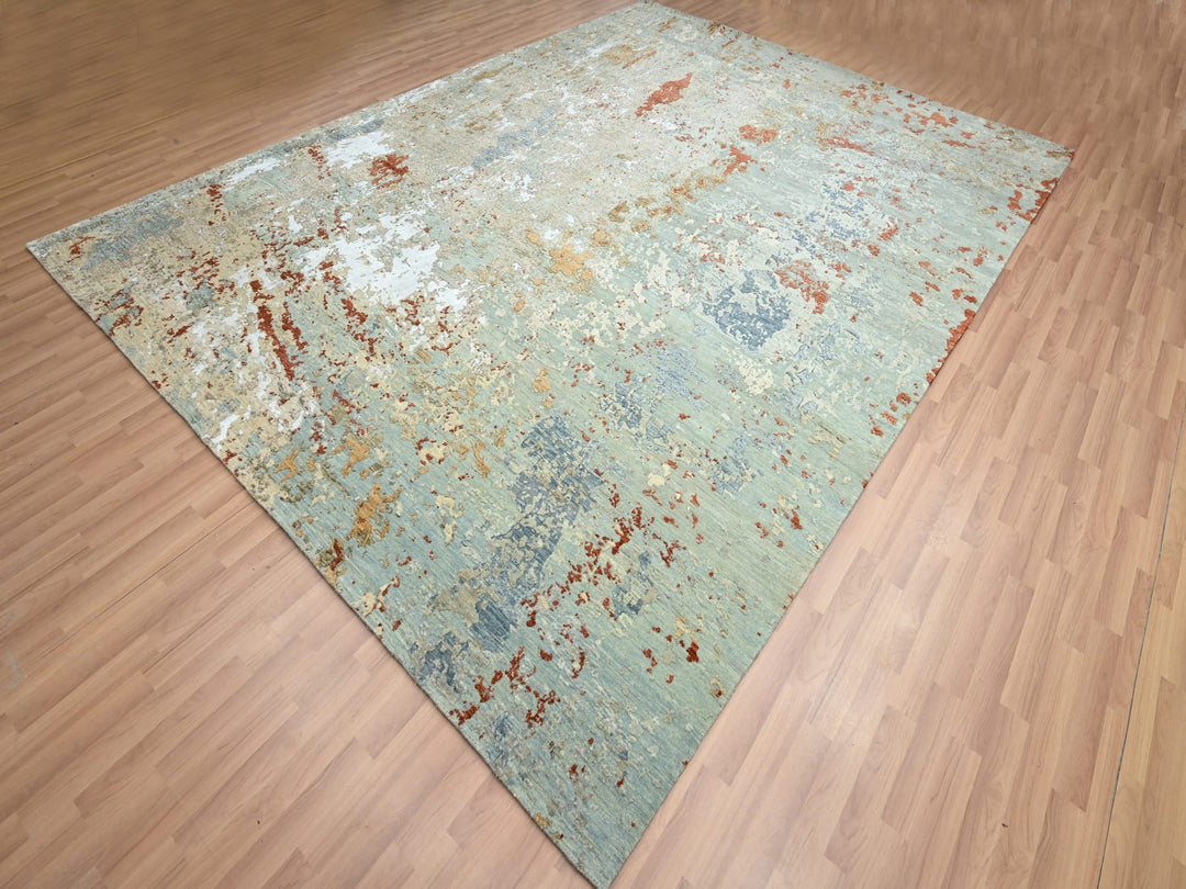 9'0" x 12'3" New Hand Knotted Green Wool Rectangle Oriental Rug - MOA10283148
