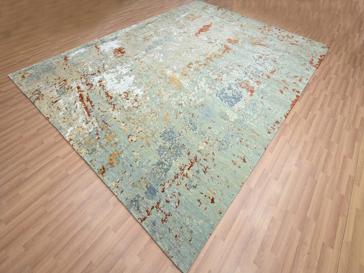 9'0" x 12'3" New Hand Knotted Green Wool Rectangle Oriental Rug - MOA10283148