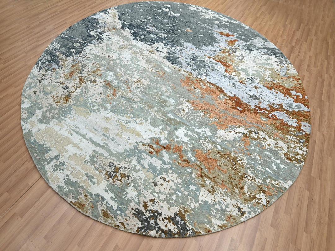 9'9" x 9'9" New Hand Knotted Grey Wool Round Oriental Rug - MOA10283153