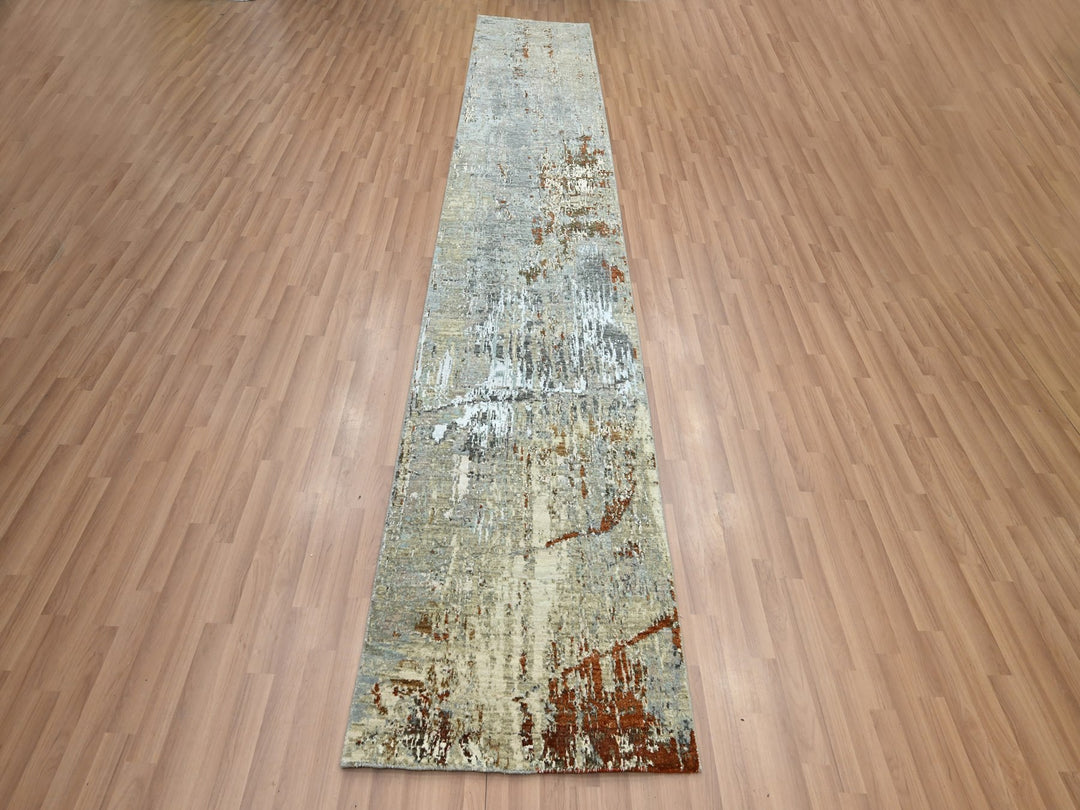2'7" x 12'11" New Hand Knotted Grey Wool Runner Oriental Rug - MOA10283167