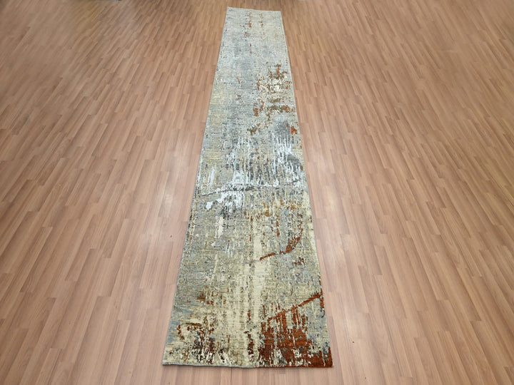 2'7" x 12'11" New Hand Knotted Grey Wool Runner Oriental Rug - MOA10283167