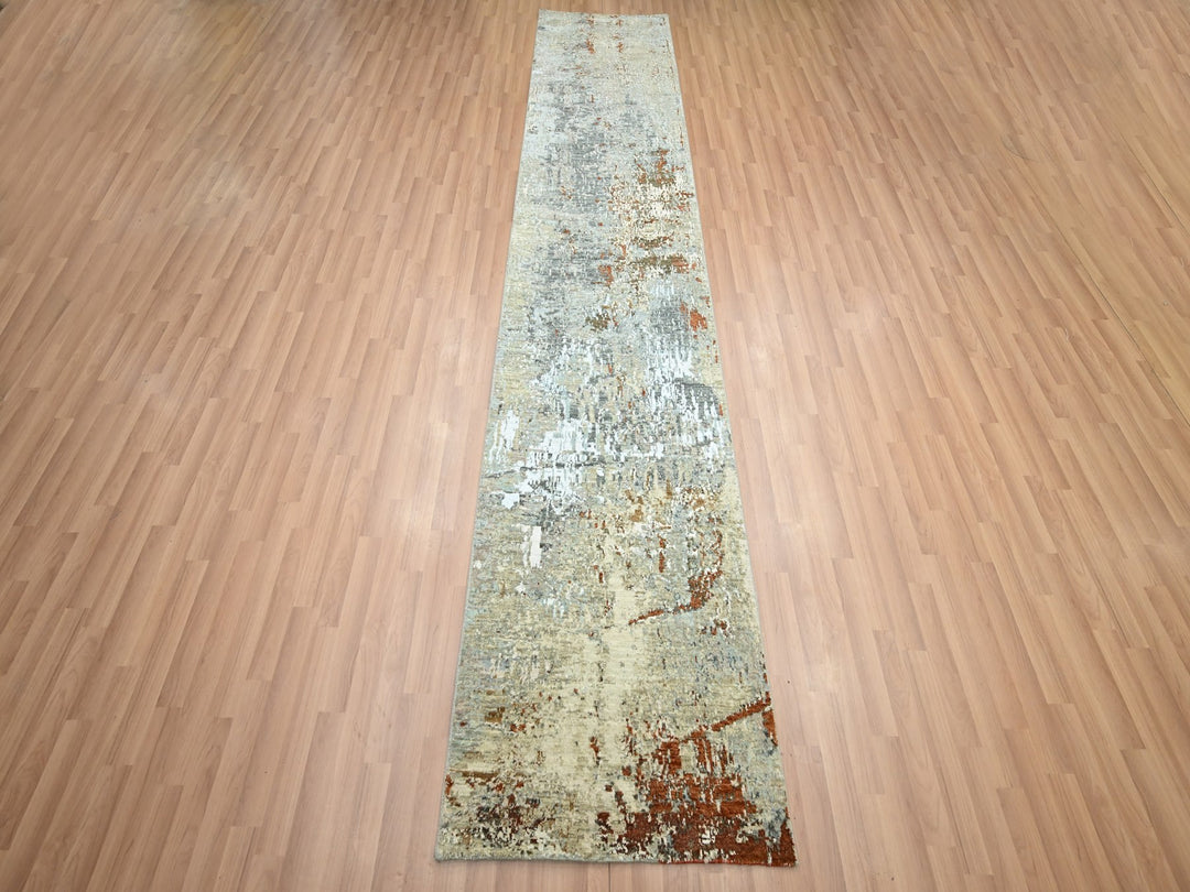2'7" x 12'6" New Hand Knotted Grey Wool Runner Oriental Rug - MOA10283172