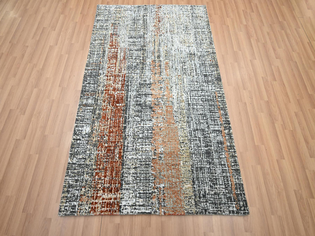 4'1" x 6'3" New Hand Knotted Grey Wool Rectangle Oriental Rug - MOA10283179