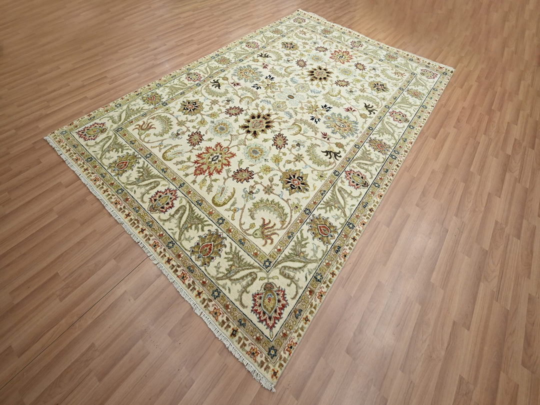 6'1" x 9'3" New Hand Knotted Ivory Wool Rectangle Oriental Rug - MOA10283205